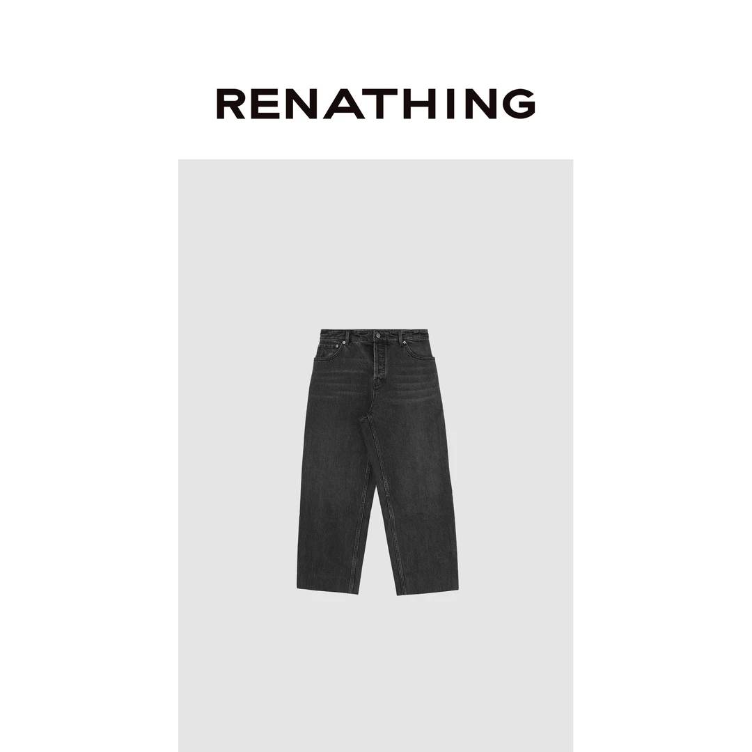 【RENATHING】水洗黑阔腿九分牛仔裤