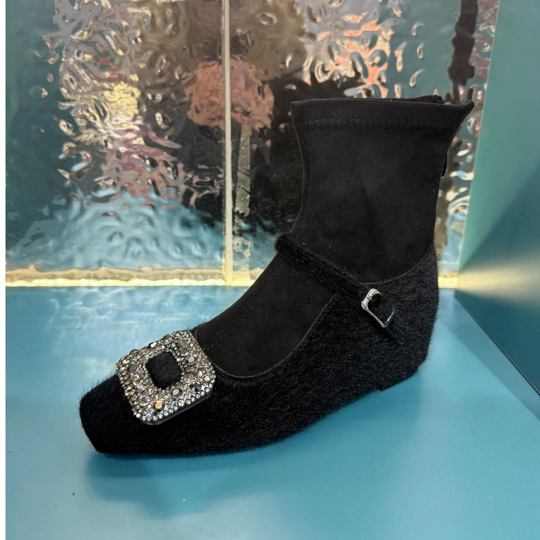 ALFERSHA/阿芙莎手工鞋D85秋冬新款加绒尖头平跟短靴B