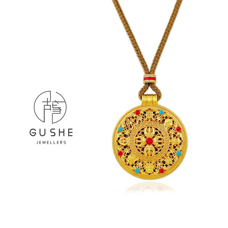 非金属布艺项链 新中式如意八宝罗盘圆盘吊坠项链时尚百搭