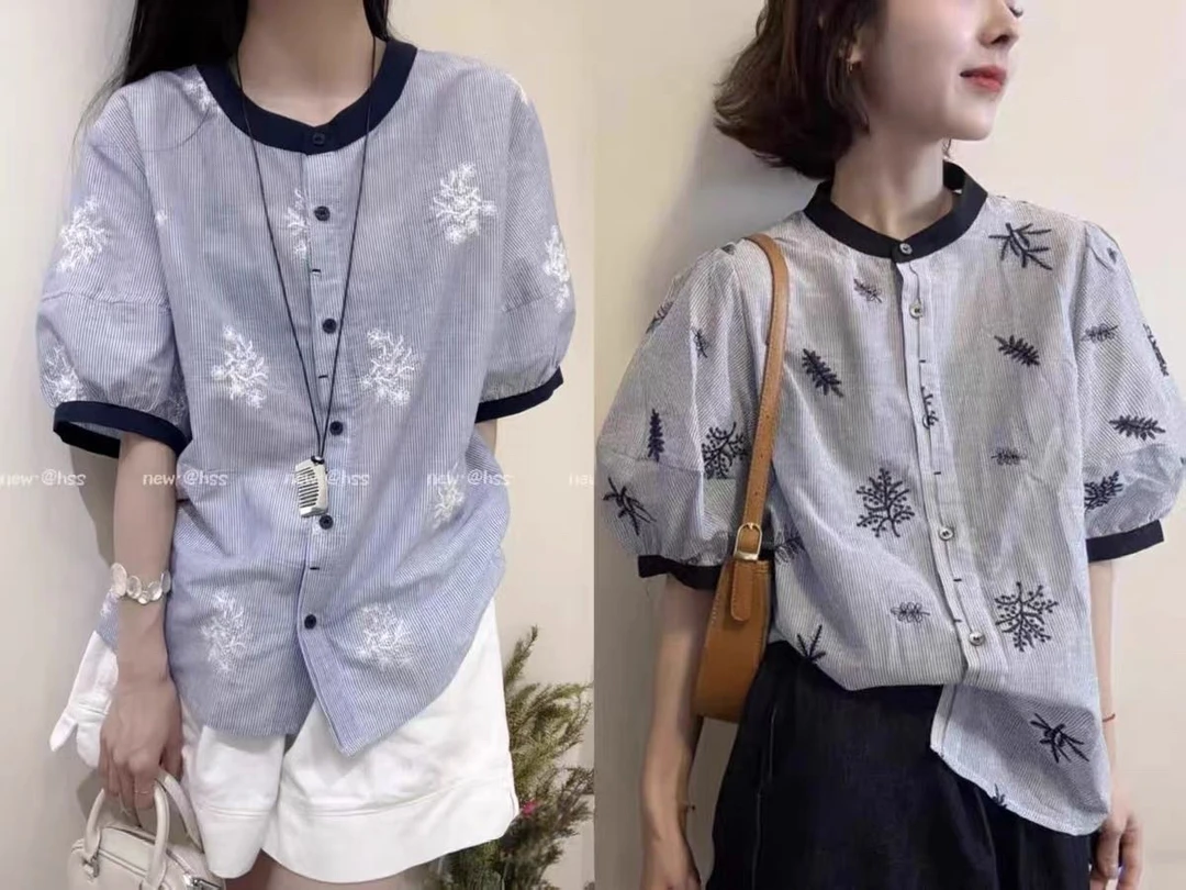 6056常规款包袖拼接短袖刺绣夏季衬衫显瘦女装夏装