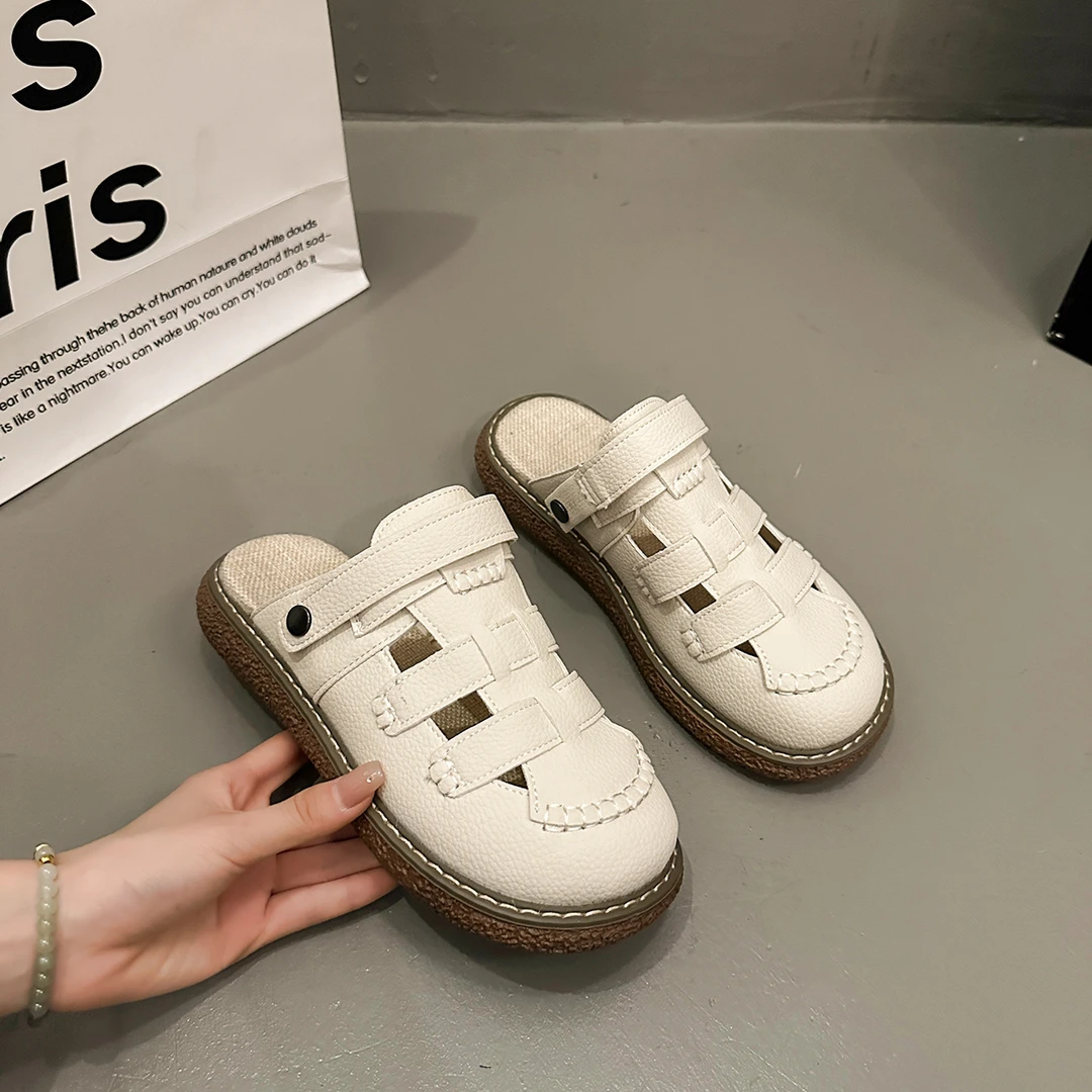 罗马沙滩～！包头厚底凉鞋女2025新款夏季包头凉鞋白色深口单鞋