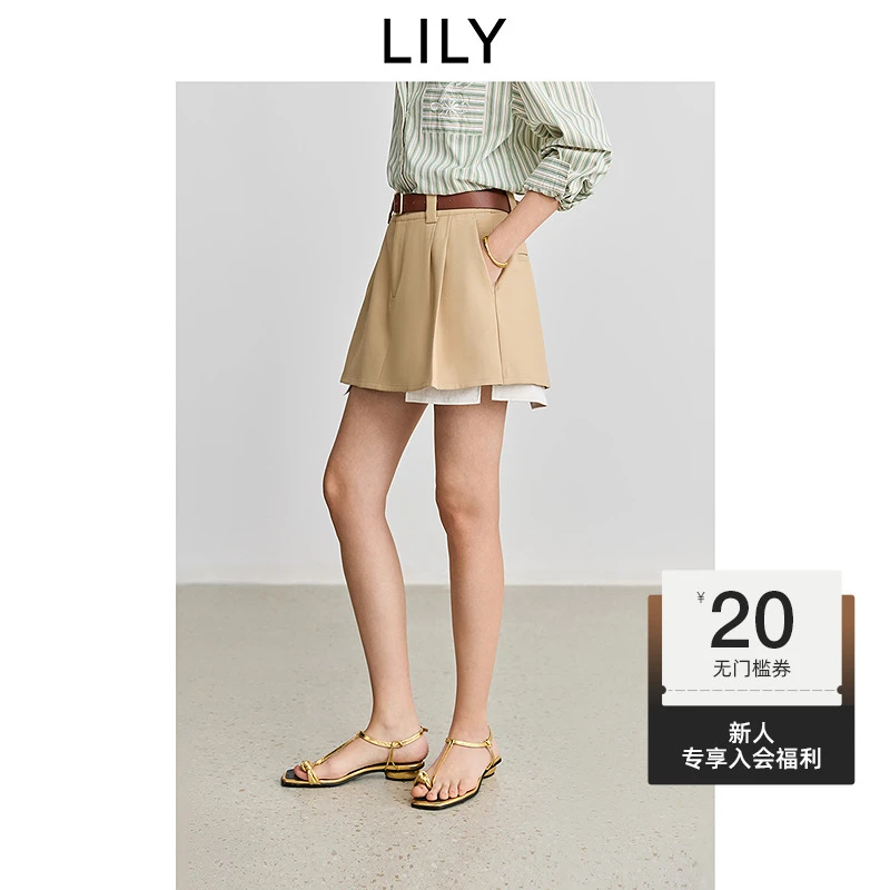 LILY2025春新款女装设计感撞色宽松休闲浅卡其色裤子125149C5930