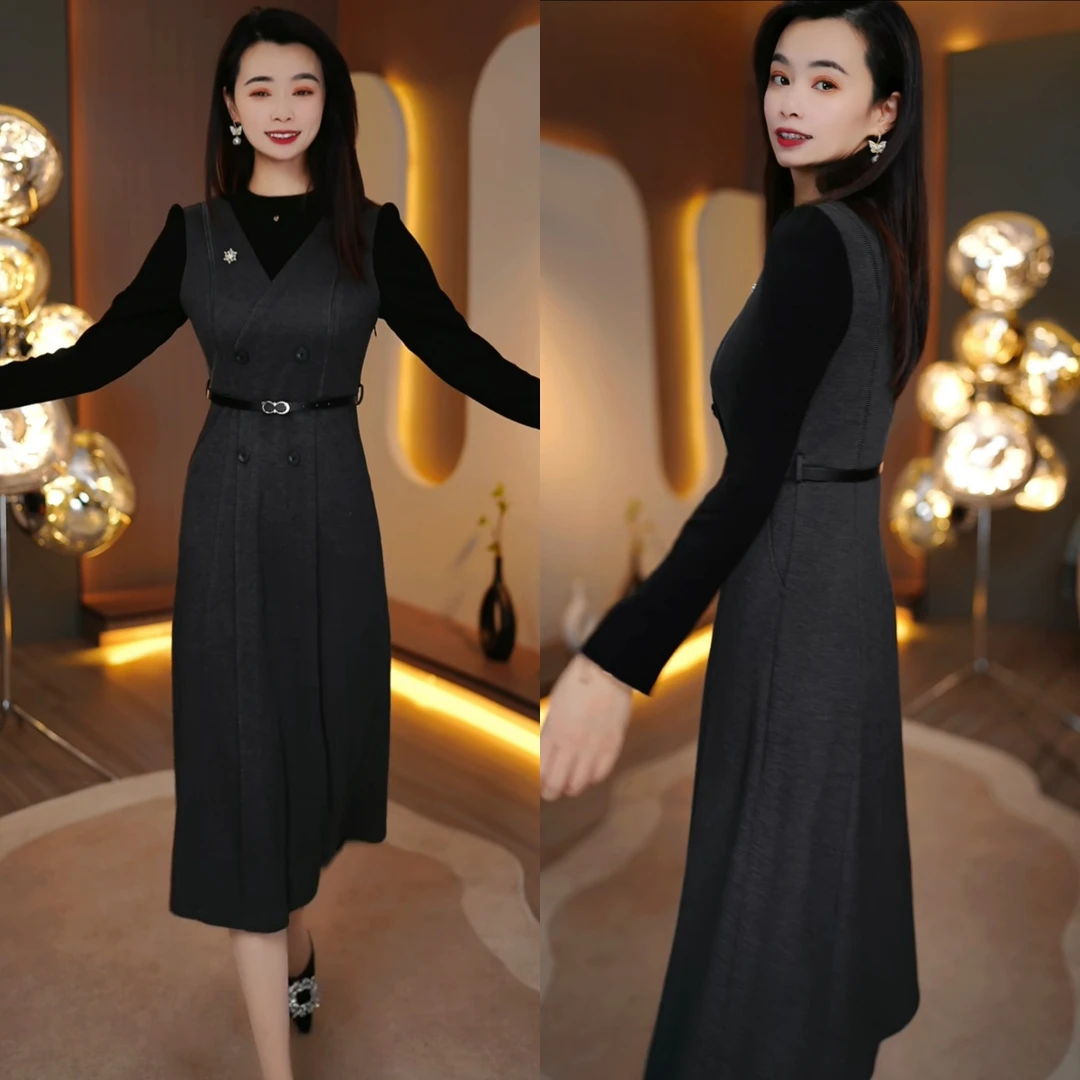 现货【赠腰带+胸针】高档连衣裙假两件显瘦长袖收腰修身秋冬新款