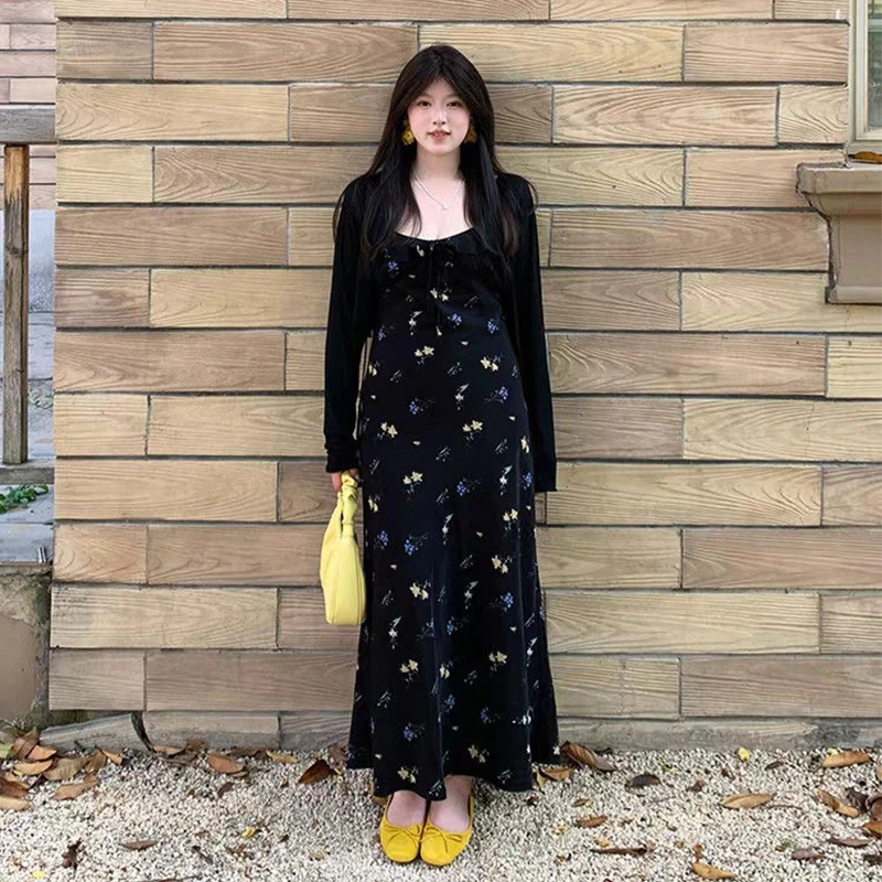 大码女装碎花吊带连衣裙女夏季修身显瘦气质长裙子防晒开衫两件套