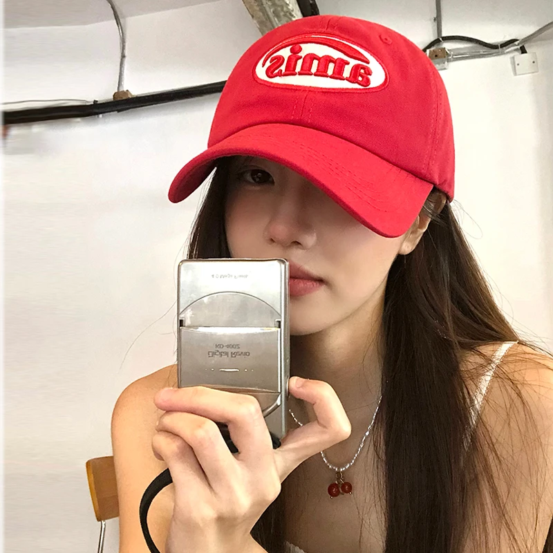 韩国ins红色棒球帽女夏季百搭大头围显脸小软顶帽子潮遮阳鸭舌帽