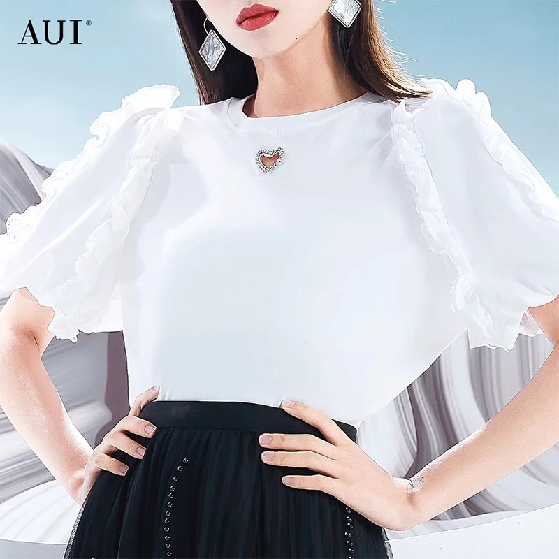 【媛媛女王专享】AUI白色泡泡袖T恤气质灯笼袖短袖上衣-22D130385