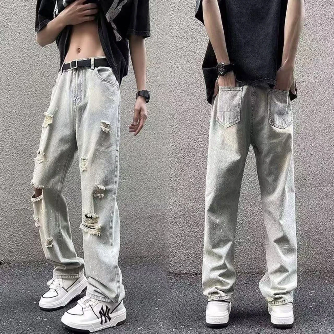 夏季破洞牛仔裤男款复古宽松直筒美式男款直筒宽松美式高街牛仔裤
