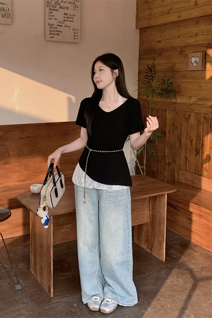 大码辣妹套装黑色T恤夏季新款不规则蕾丝背心吊带遮肉上衣两件套