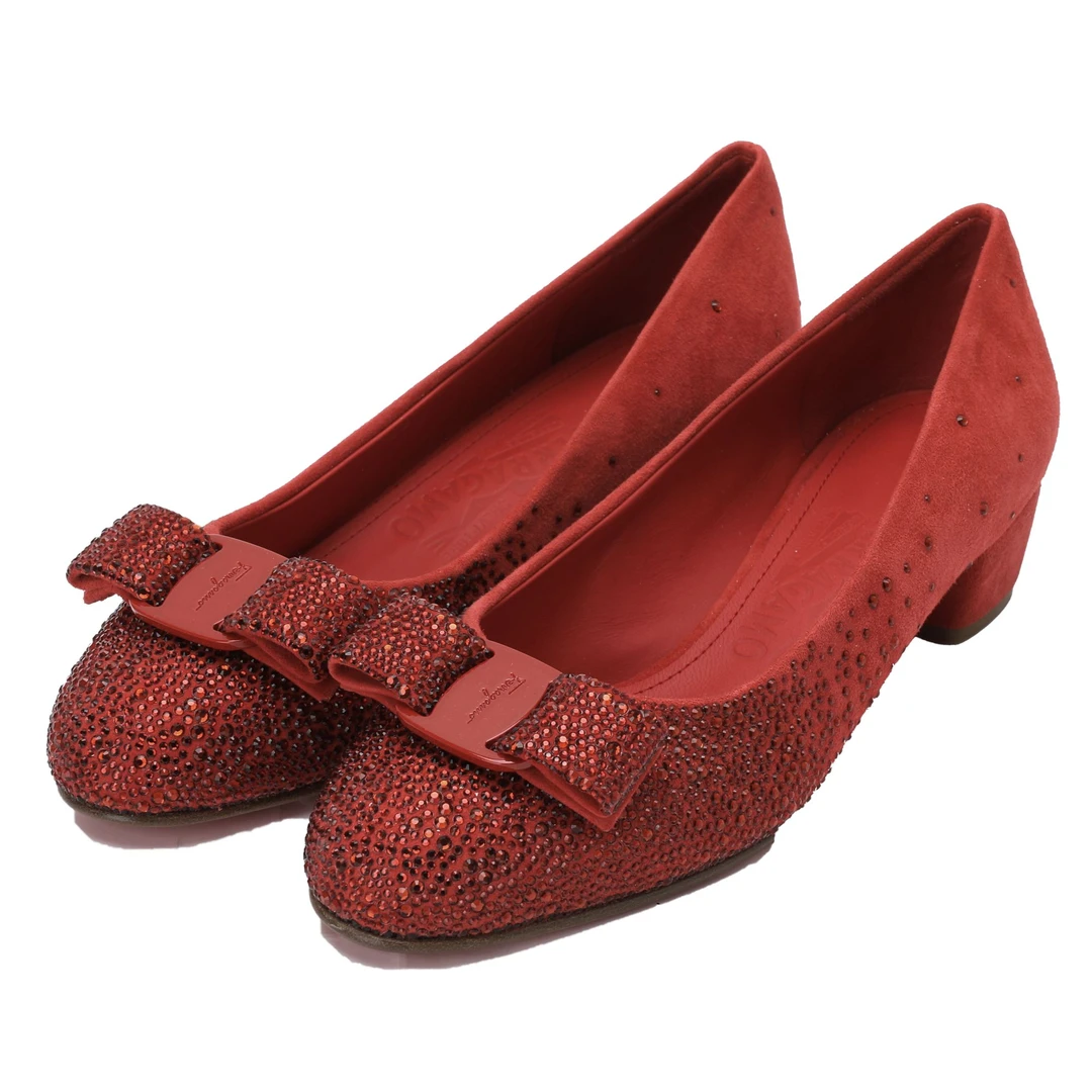 FERRAGAMO/菲拉格慕女士红色气质烫钻蝴蝶结绒面中跟鞋0761507