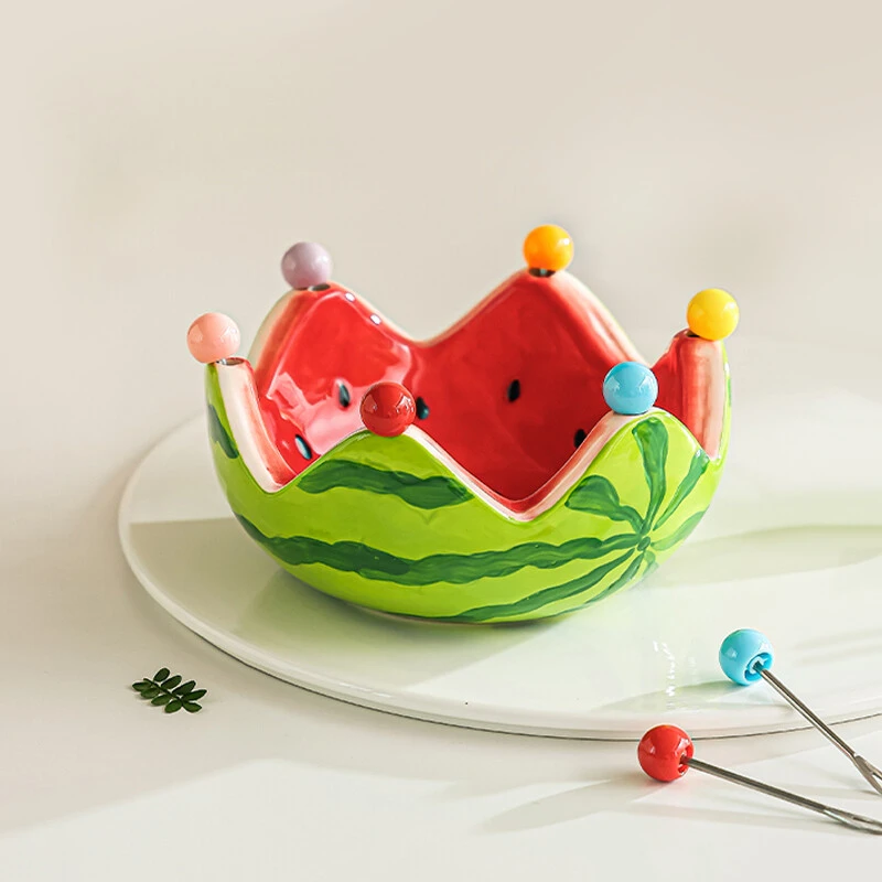 川岛屋水果叉可爱西瓜盘不锈钢果签创意果叉碗甜品蛋糕小叉子收纳