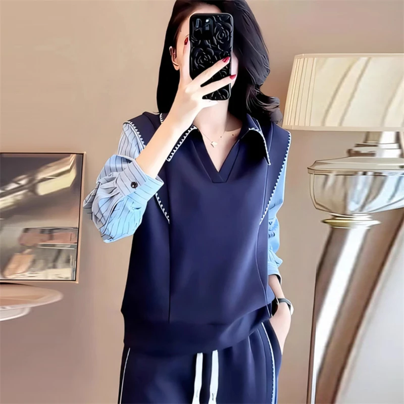 时尚拼接假两件条纹衬衫女2025春季新款宽松显瘦气质韩系温柔上衣