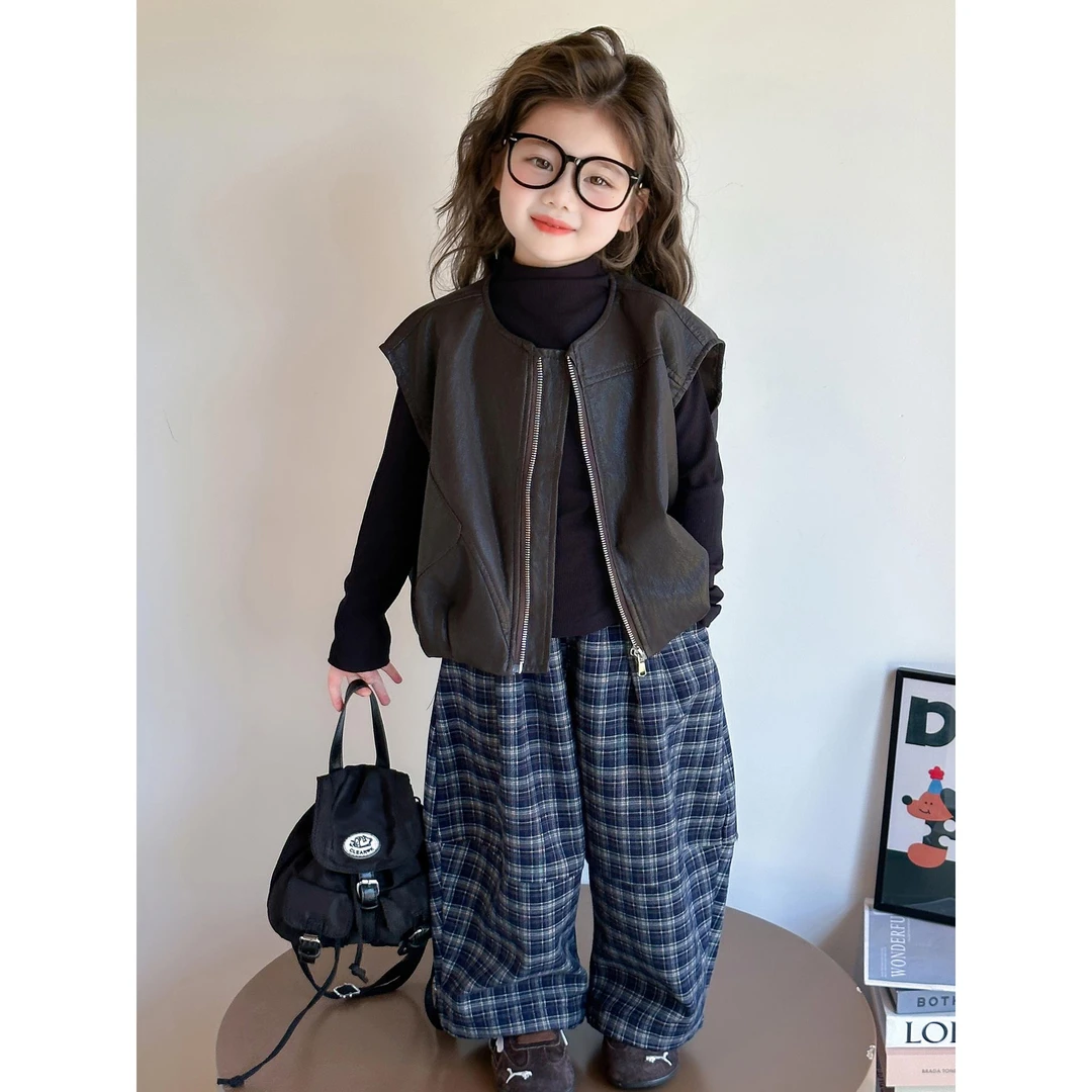 女童秋季皮衣马甲套装2025新款女宝宝时髦洋气秋装儿童休闲三件套