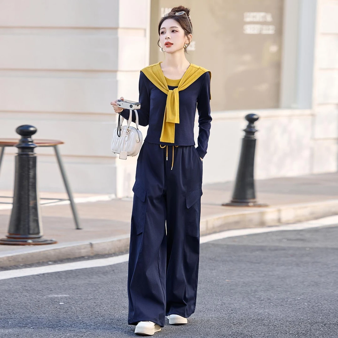 早秋新款带披肩长袖上衣宽松阔腿裤子女2025新款时尚小个子两件套
