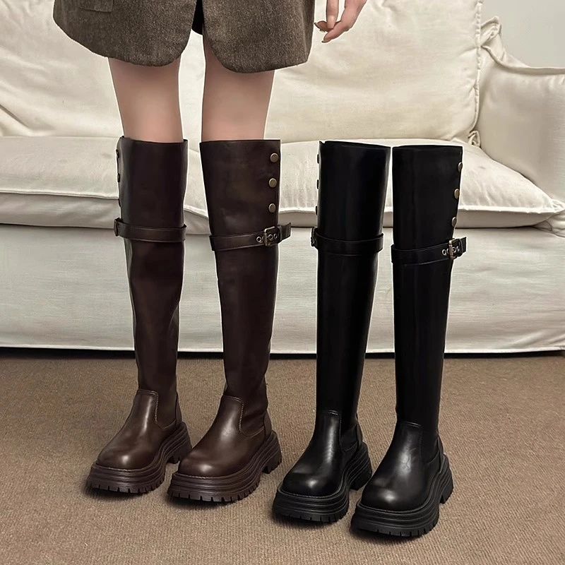啄木鸟厚底长筒靴女2024冬季新款时尚百搭显瘦粗跟加绒骑士过膝靴