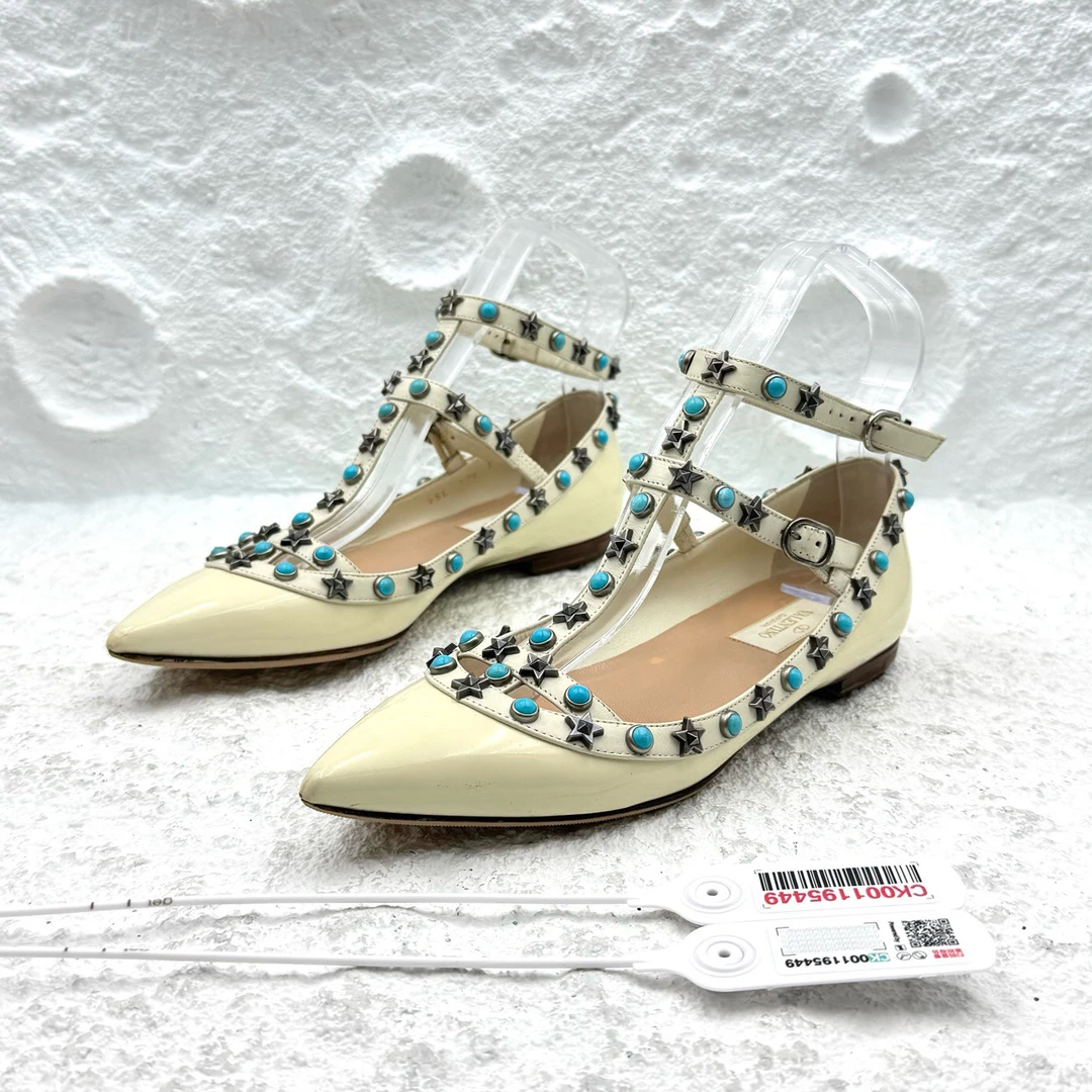 95新 Valentino/华伦天奴 36.5码/宝石绑带平底鞋/D7779