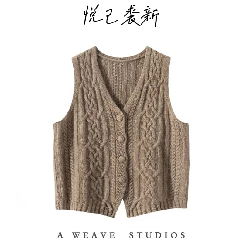 秋冬款加厚绞花【100%纯山羊绒针织马甲女V领宽松无袖开衫叠穿背心
