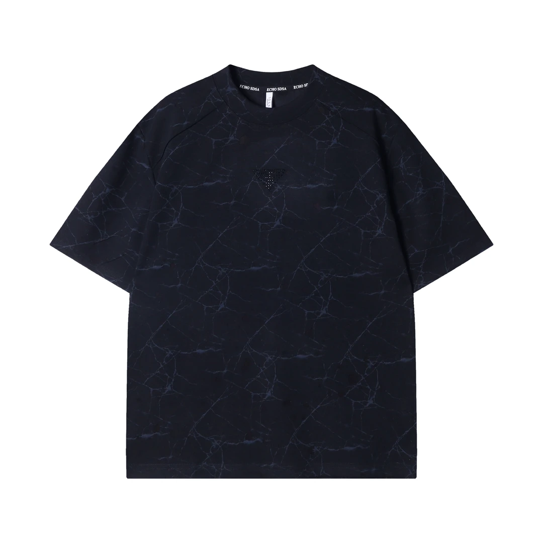 早春新款时尚个性韩版凌乱线条圆领短袖T恤小众设计百搭套头上衣