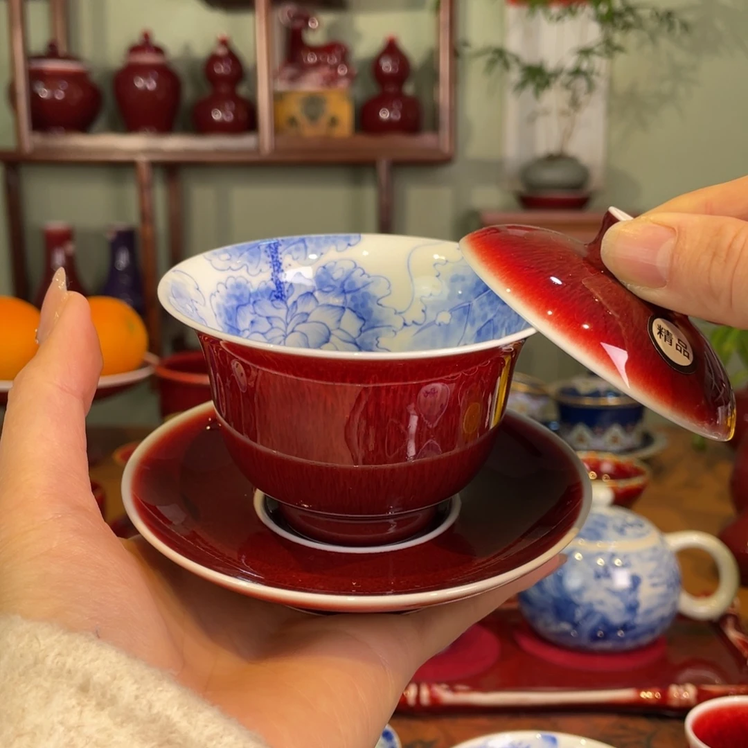 清欢雅玩原矿郎红精品内绘荷花小元宝盖碗