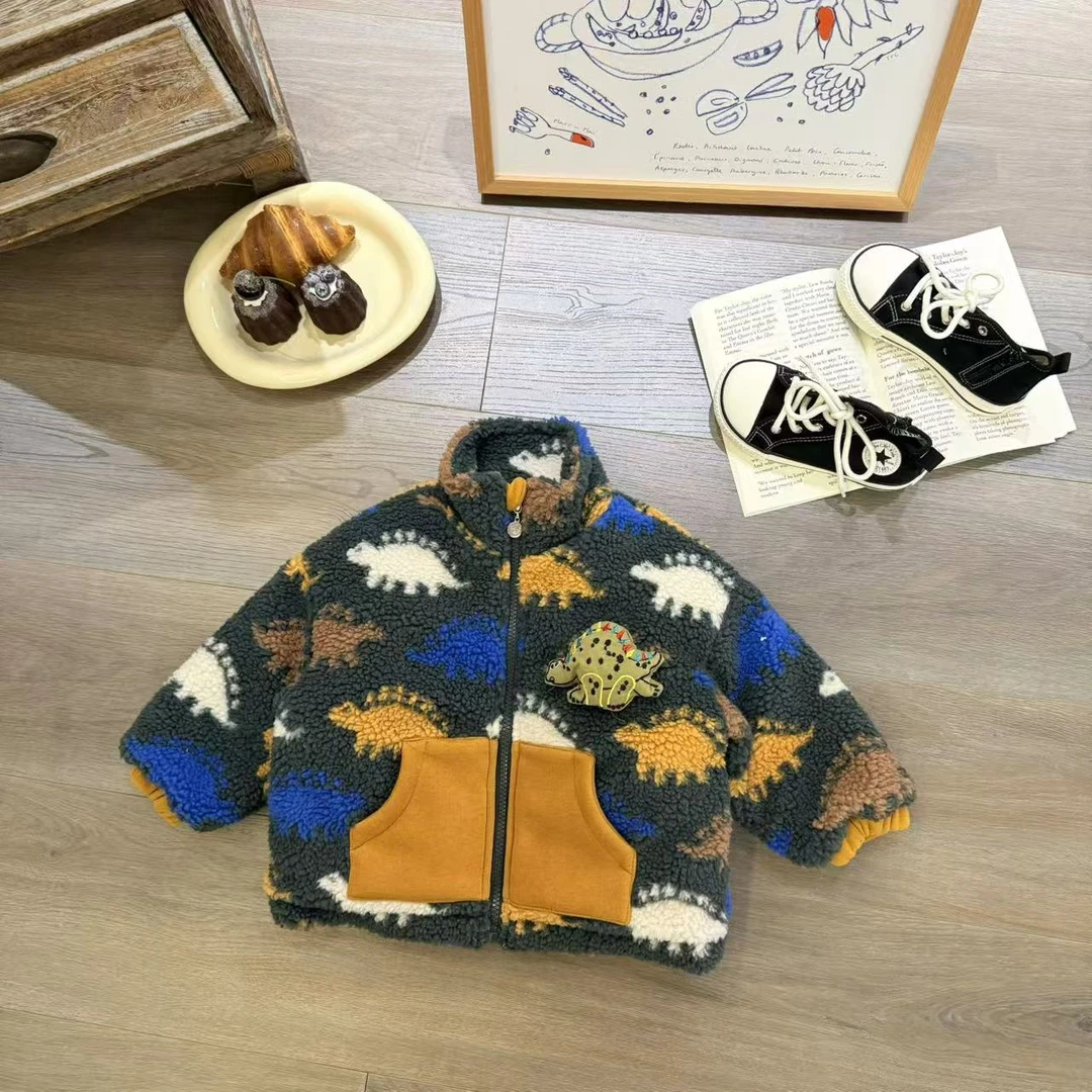 儿童秋冬卡通刺绣恐龙立领加棉毛毛衣H1808