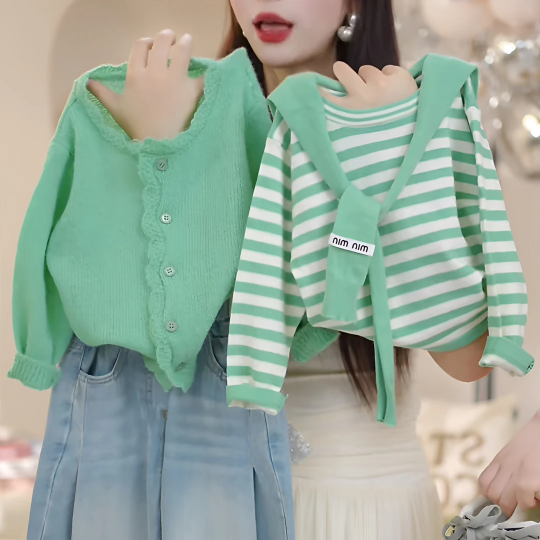 女童披肩条纹针织衫2025新款秋冬款学院风海军领花边开衫外套毛衣