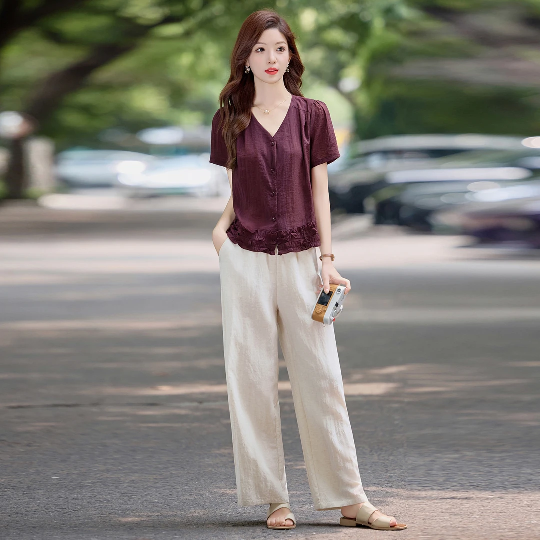 时尚套装女2025夏季新款气质中年女装妈妈高腰显瘦阔腿裤两件套