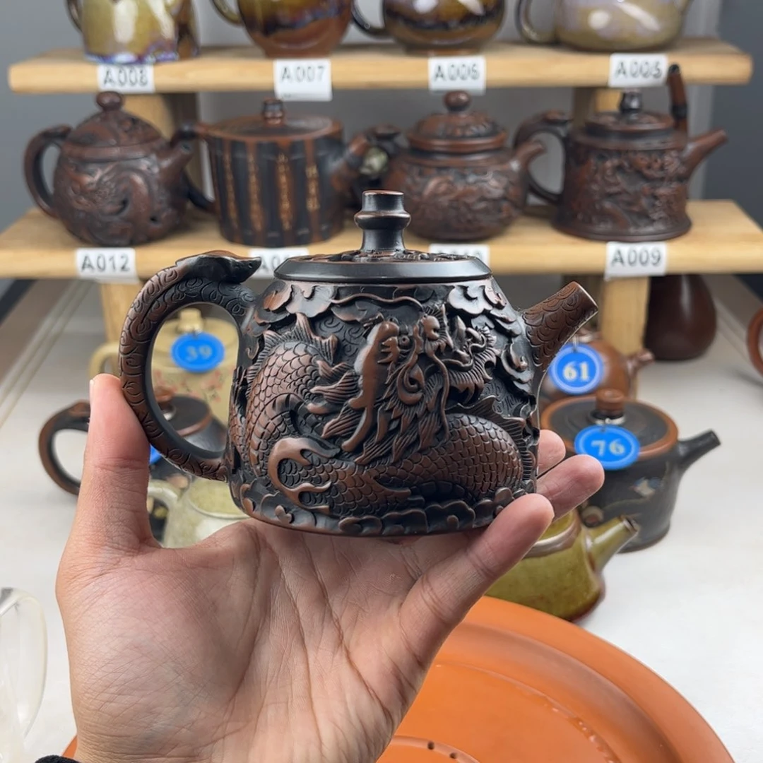 壶210cc龙凤呈祥汉铎壶，建水紫陶老手艺人全手工制作