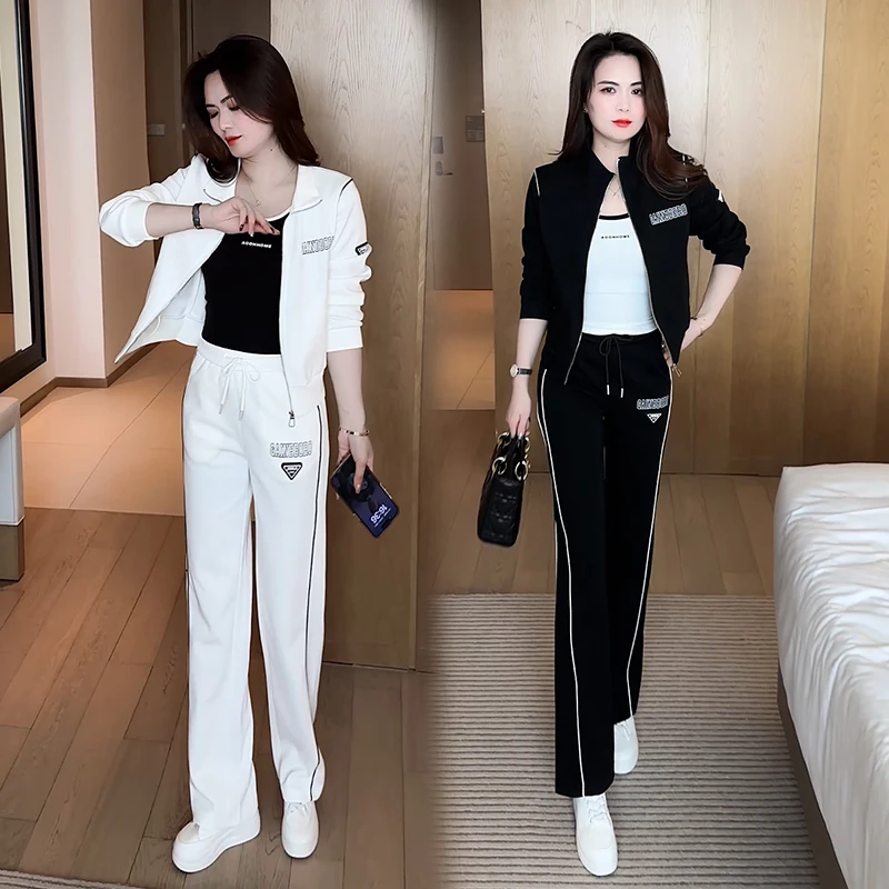 时尚休闲套装女2025春秋新款洋气立领开衫外套阔腿裤显瘦两件套潮