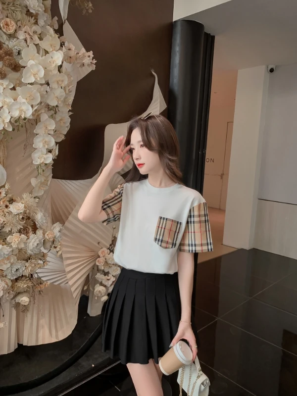 Mei·FourSeasons/媚姒季圆领T恤气质小众短袖休闲减龄格子撞色