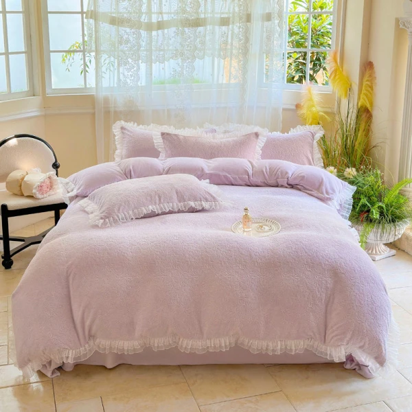 雕花牛奶绒欧根纱花边四件套-花海紫