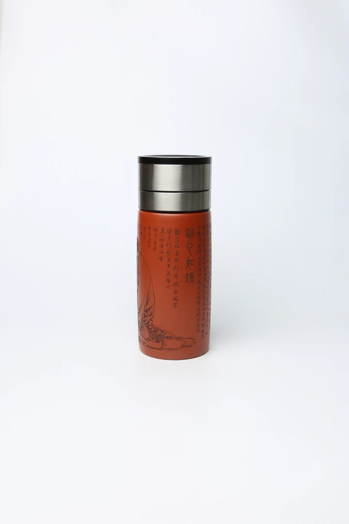 刻绘达摩  450cc 双层 朱泥直筒刻绘精品紫砂随行杯