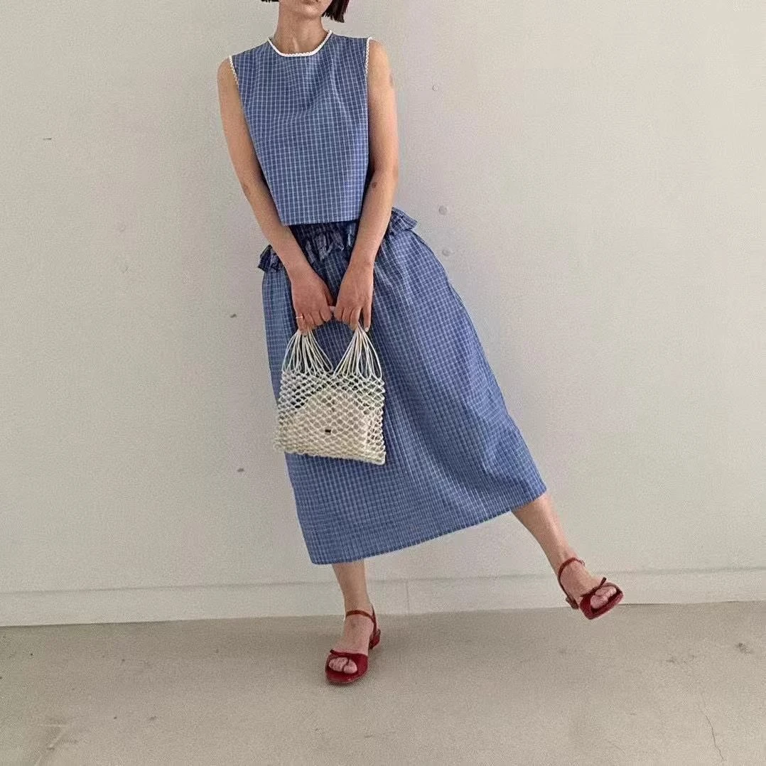 现！慕予-【格子套装裙】韩单oliseou*减龄荷叶花半裙无袖蕾丝背心