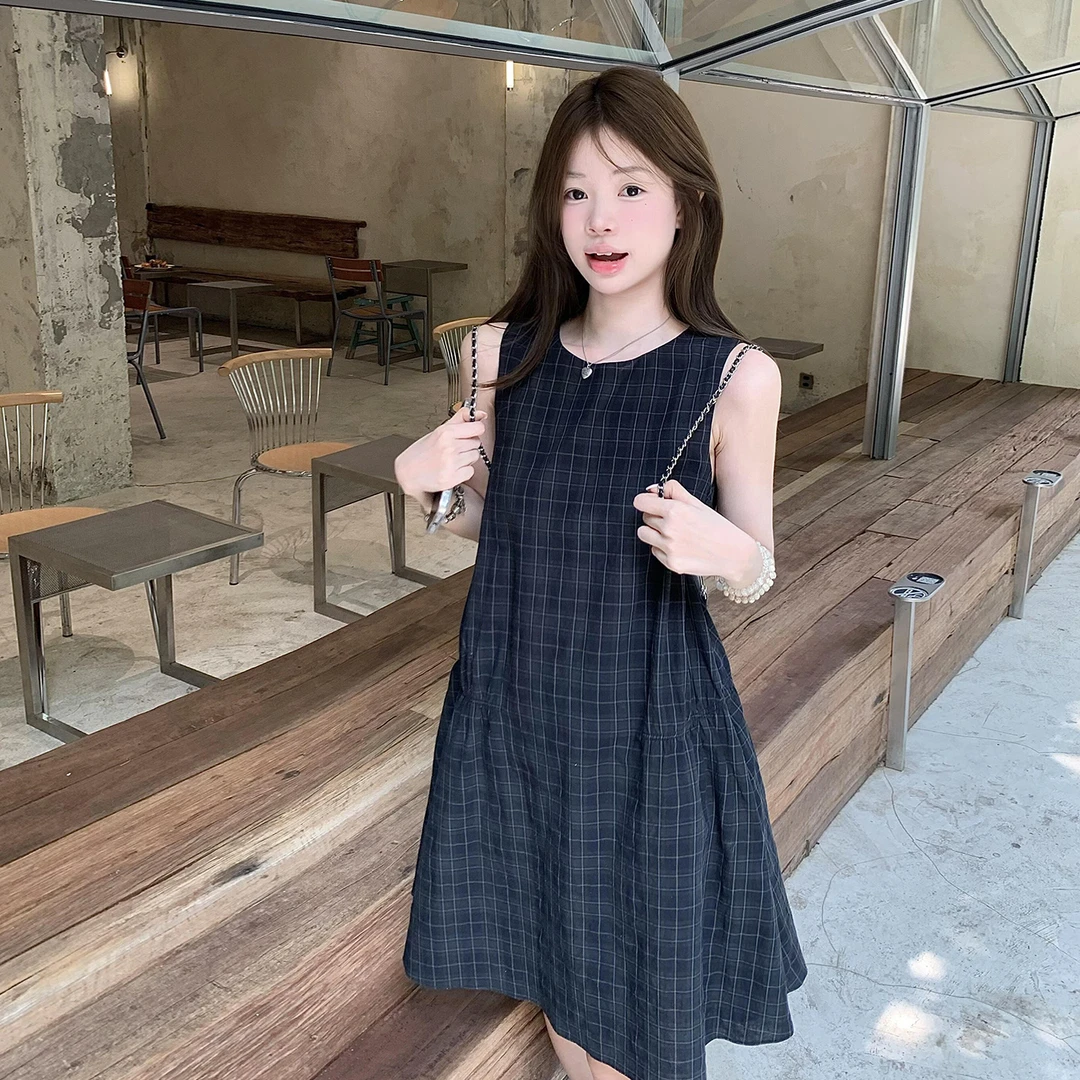 法式复古无袖连衣裙子女装夏季2025新款高级感小个子格子短裙4730