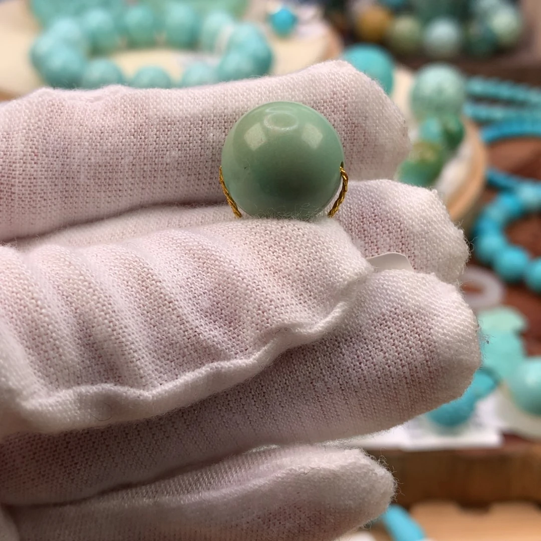绿松石未镶嵌珠宝奇石秦古高瓷绿圆珠14.3mm