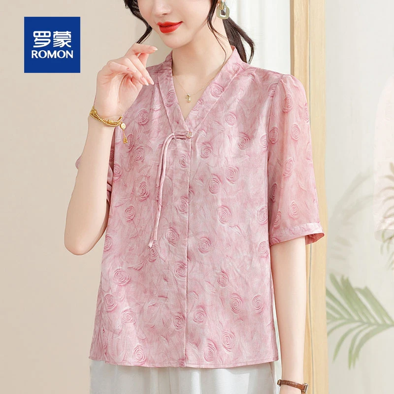 罗蒙中年妈妈夏装国风气质小衫套装女中老年阔太太高档雪纺衬衫女