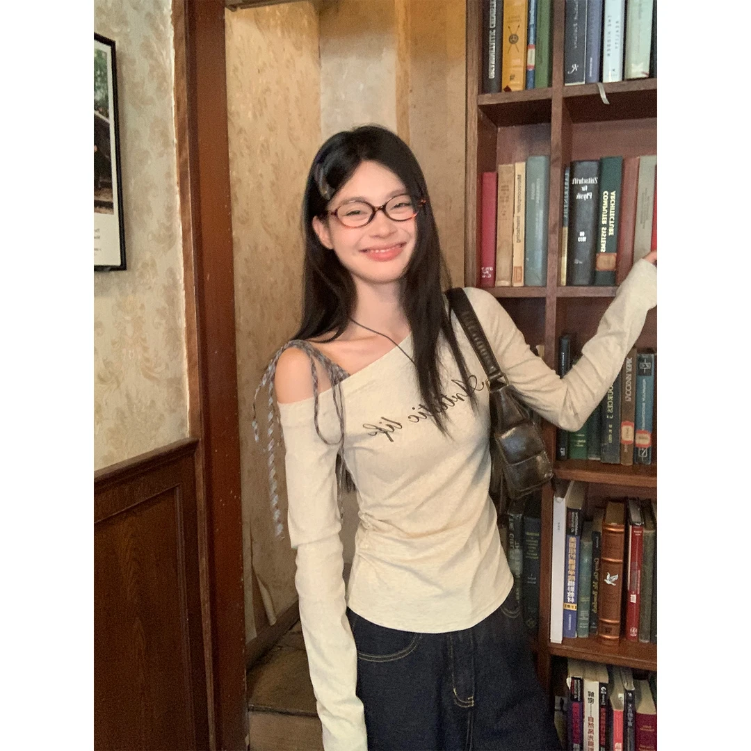 美式花灰斜肩格子绑带内搭t恤女秋季字母印花新款修身长袖上衣ins
