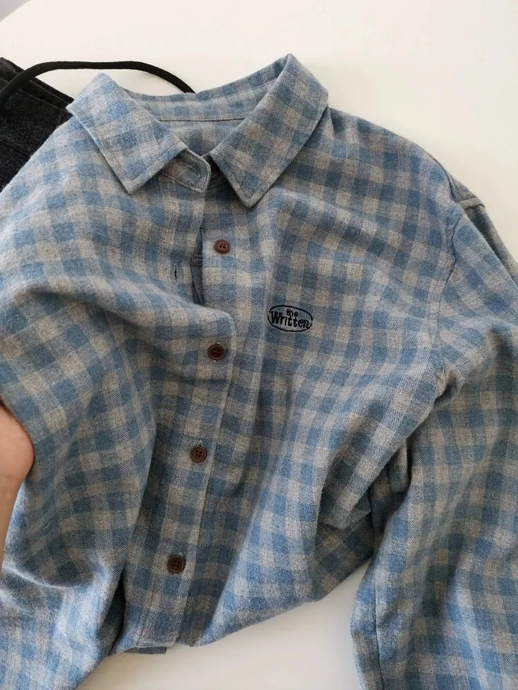 2025春季新款蓝灰色格子磨毛刺绣字母长袖衬衫休闲百搭上衣女衬衣