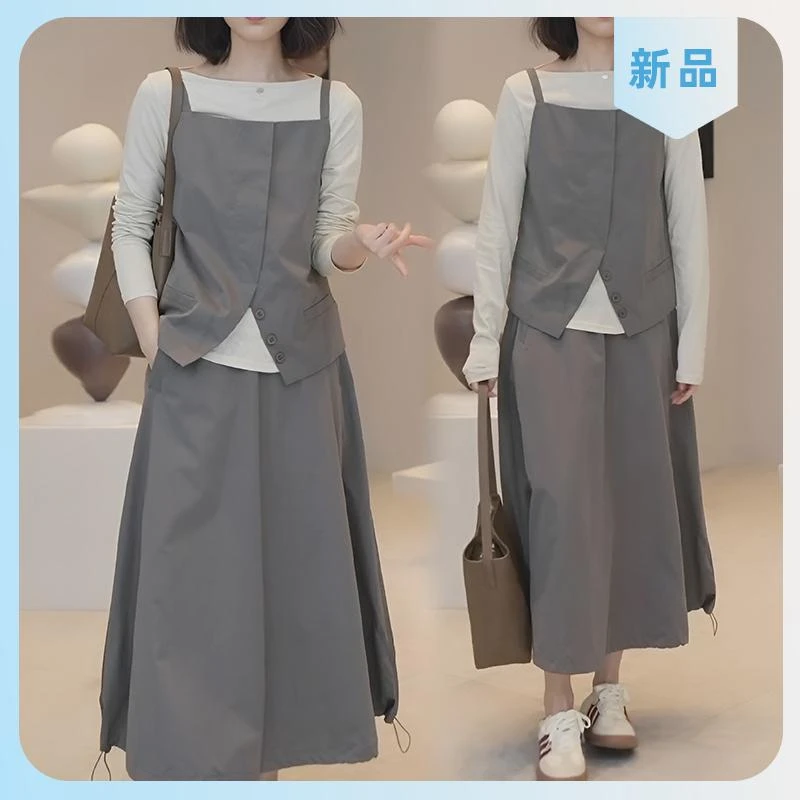 2025春秋季气质休闲时尚套装女设计感新款马甲半身裙打底衫三件套