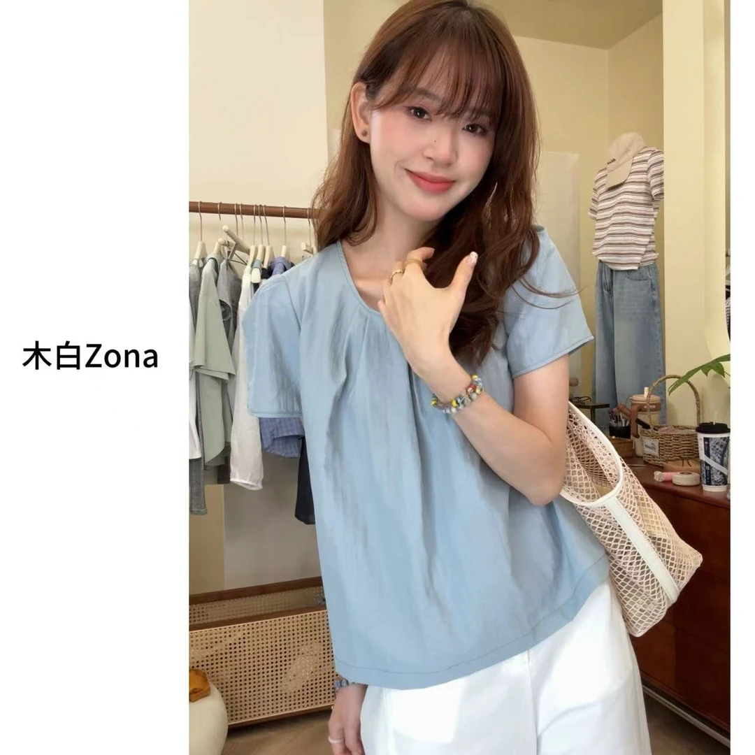 【木白】“水云衫”夏季新款设计感纯色通勤甜美小众短袖上衣