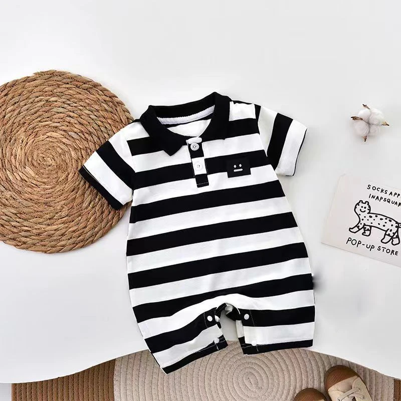 婴儿夏装条纹纯棉宝宝连体衣新生满月衣服短袖爬服夏季薄款外出服