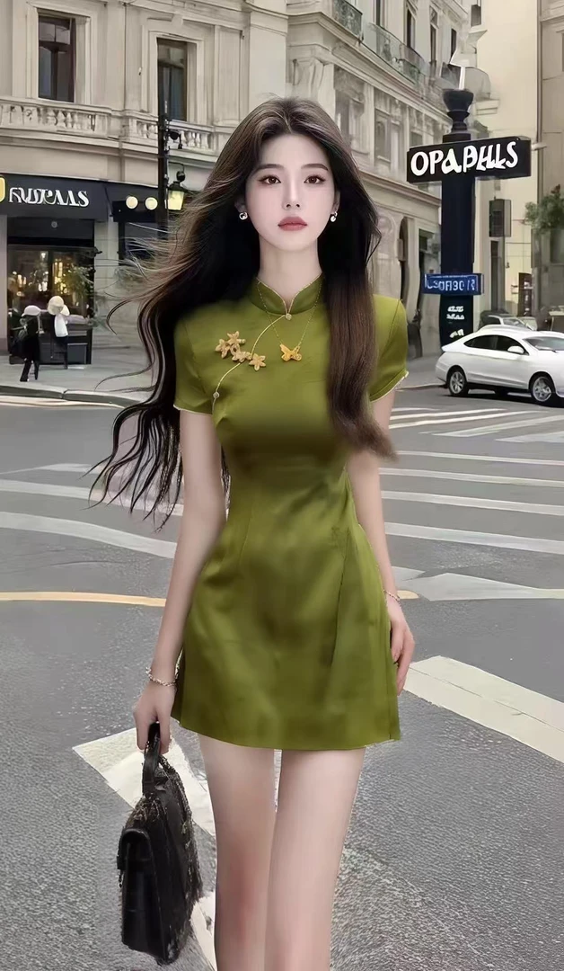 新中式国风绿色立领短袖修身收腰改良旗袍连衣裙女时尚设计感女装