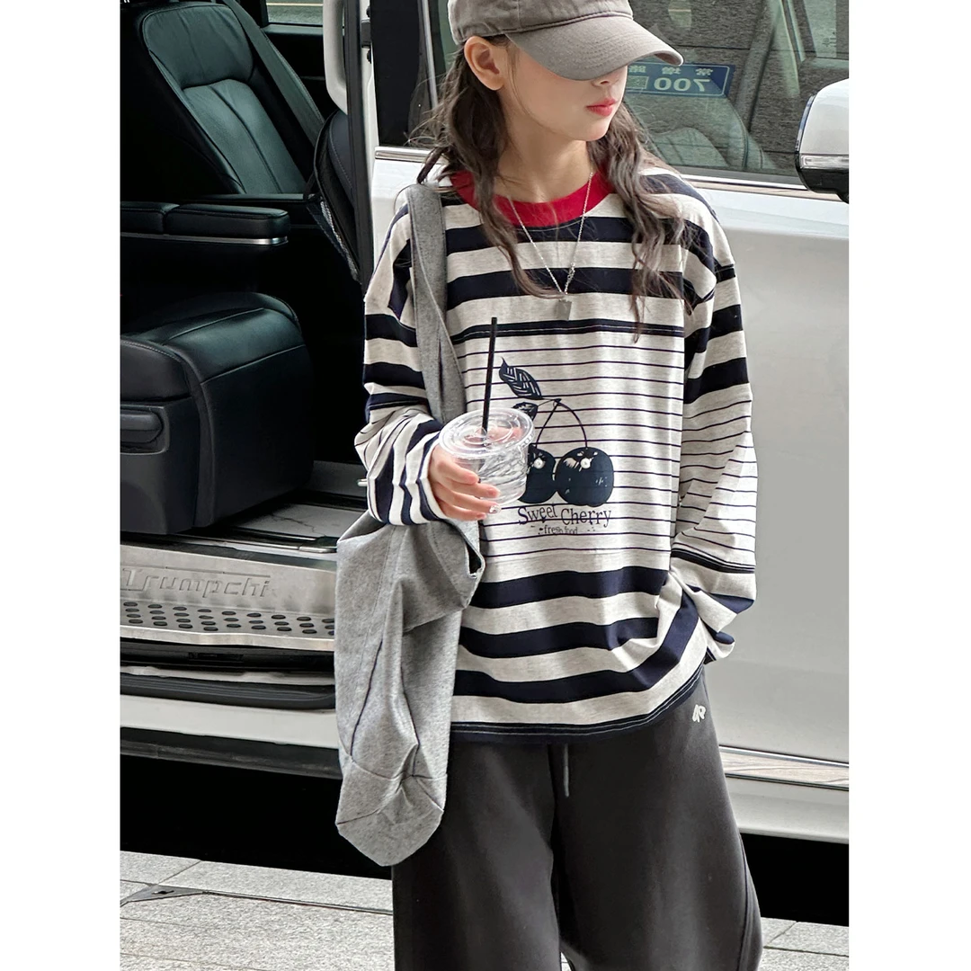 K29546孙小美韩系女童长袖T恤秋装2025新款儿童条纹上衣打底春秋t