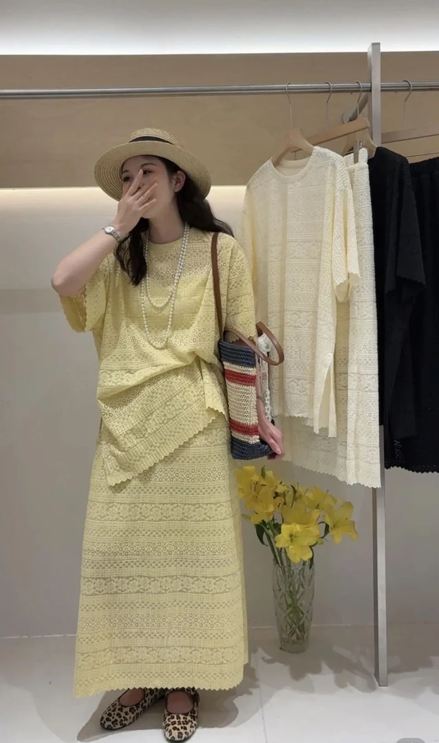 《朵妈衣橱》蕾丝短袖半身裙套装女夏季慵懒风休闲宽松显瘦