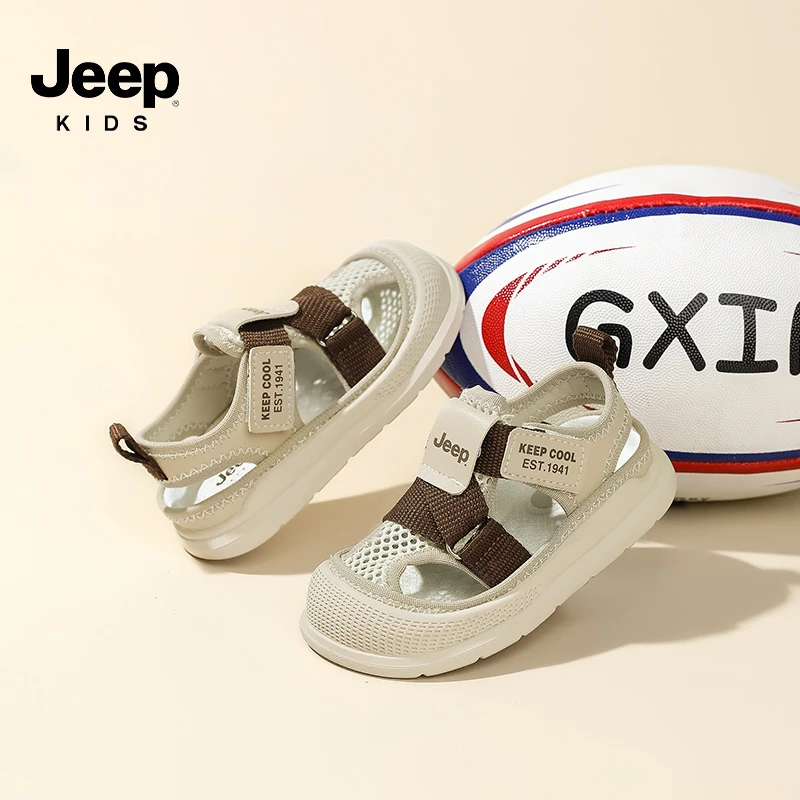 Jeep童鞋夏季男童户外包头镂空沙滩鞋女童软底单网透气休闲宝宝鞋