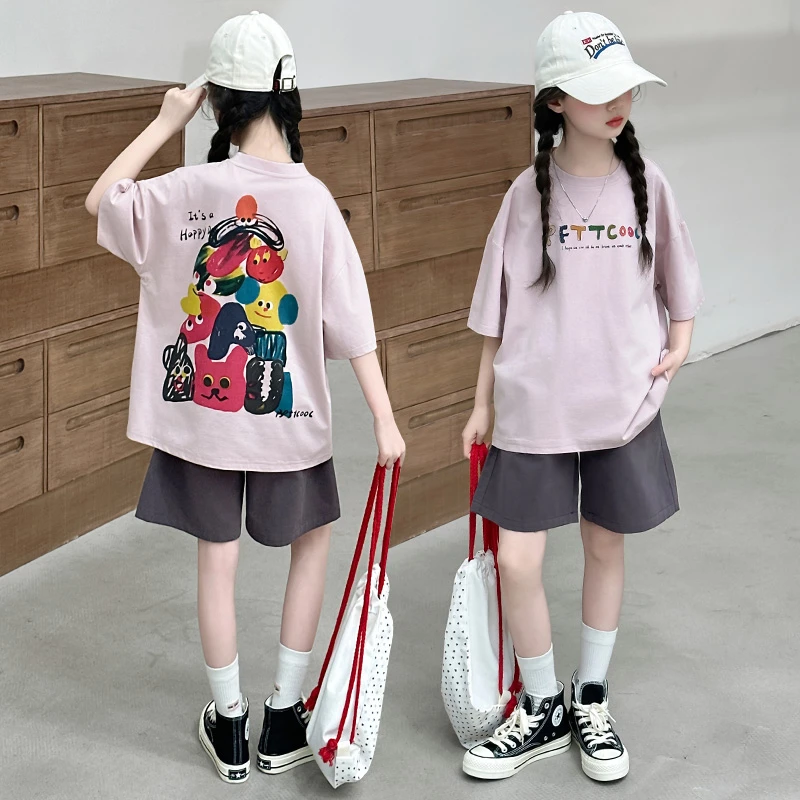 女童夏装套装夏季短袖圆领T恤新款卡通洋气休闲网红爆款短裤潮