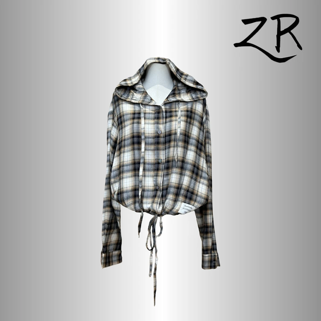 【5241】新款时尚百搭复古格子设计连帽开衫