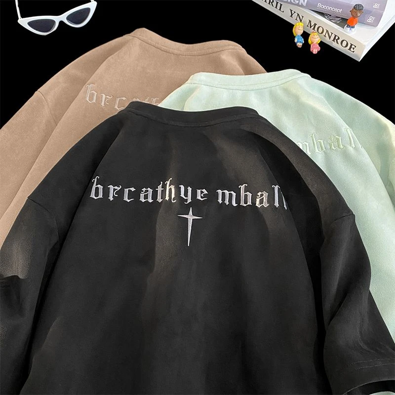 美式复古t恤男夏季仿麂皮刺绣短袖上衣高街潮牌宽松休闲半袖体恤