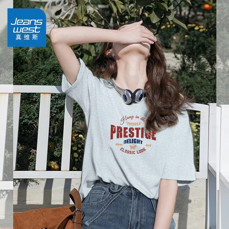 真维斯灰色宽松短袖t恤女2025夏季新款薄款纯棉正肩圆领大码上衣