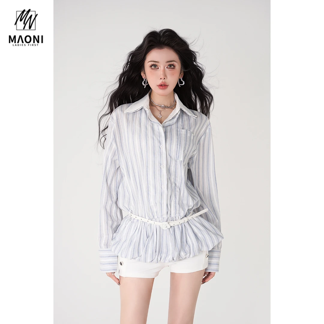 毛妮Peshe【法式花苞衬衫配腰带】长袖条纹Polo领通勤百搭春L1498