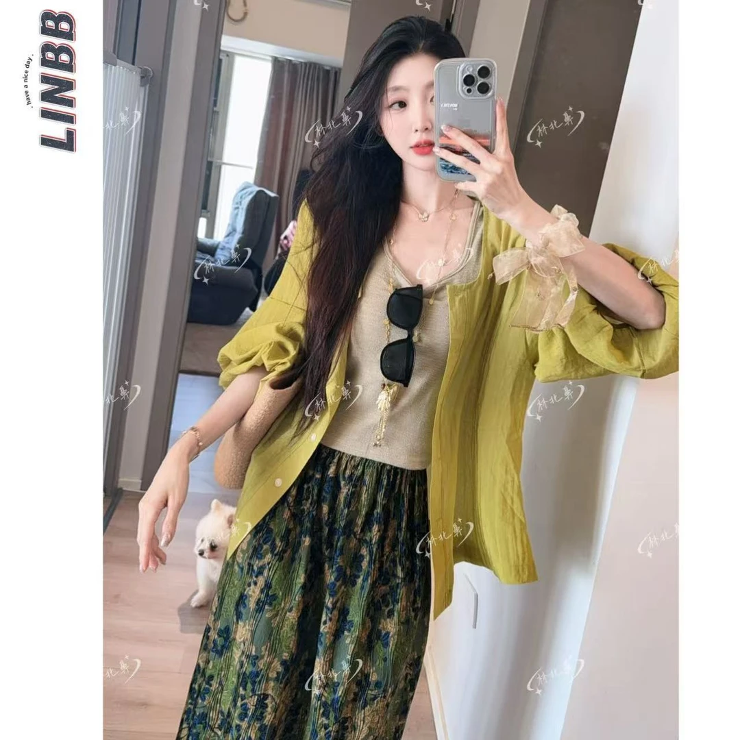 林北鼻-【绿野仙踪】韩单夏日显白森系素雅衬衫背心半裙