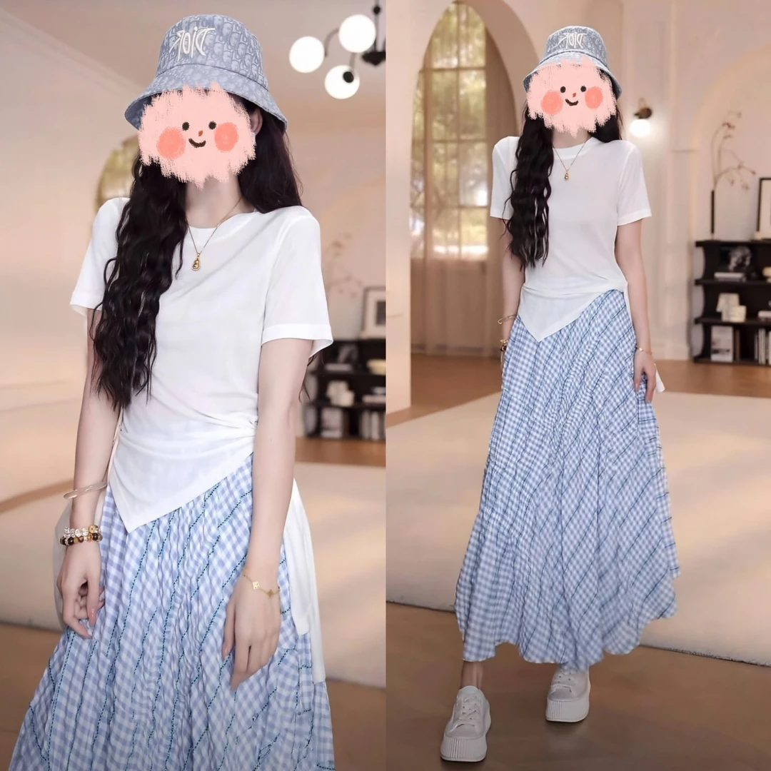 夏季新款肤感软糯短袖T恤搭配格子半身裙休闲女装套装两件套